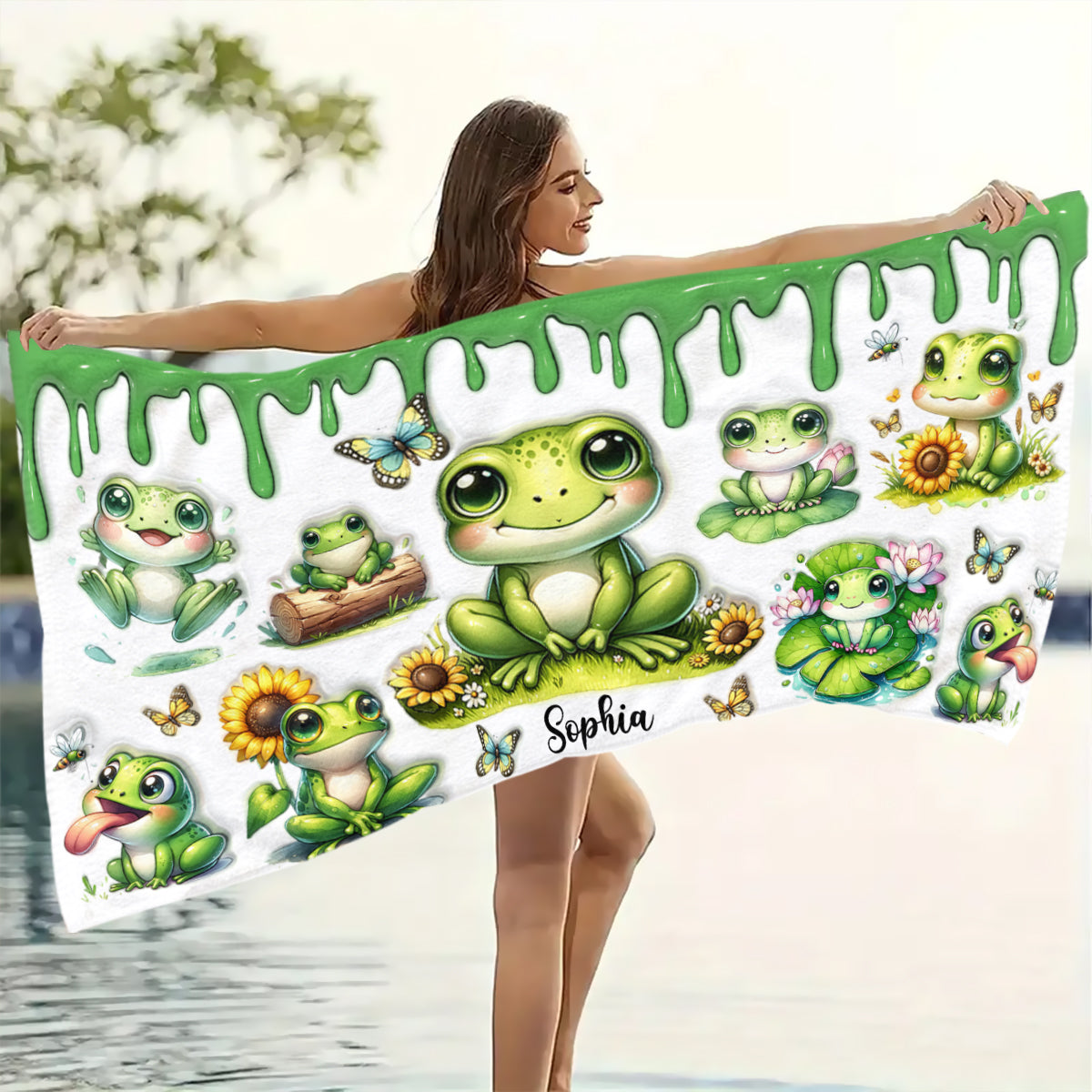 Serviette de plage/de bain personnalisée à séchage rapide « Juste une fille qui aime les grenouilles »