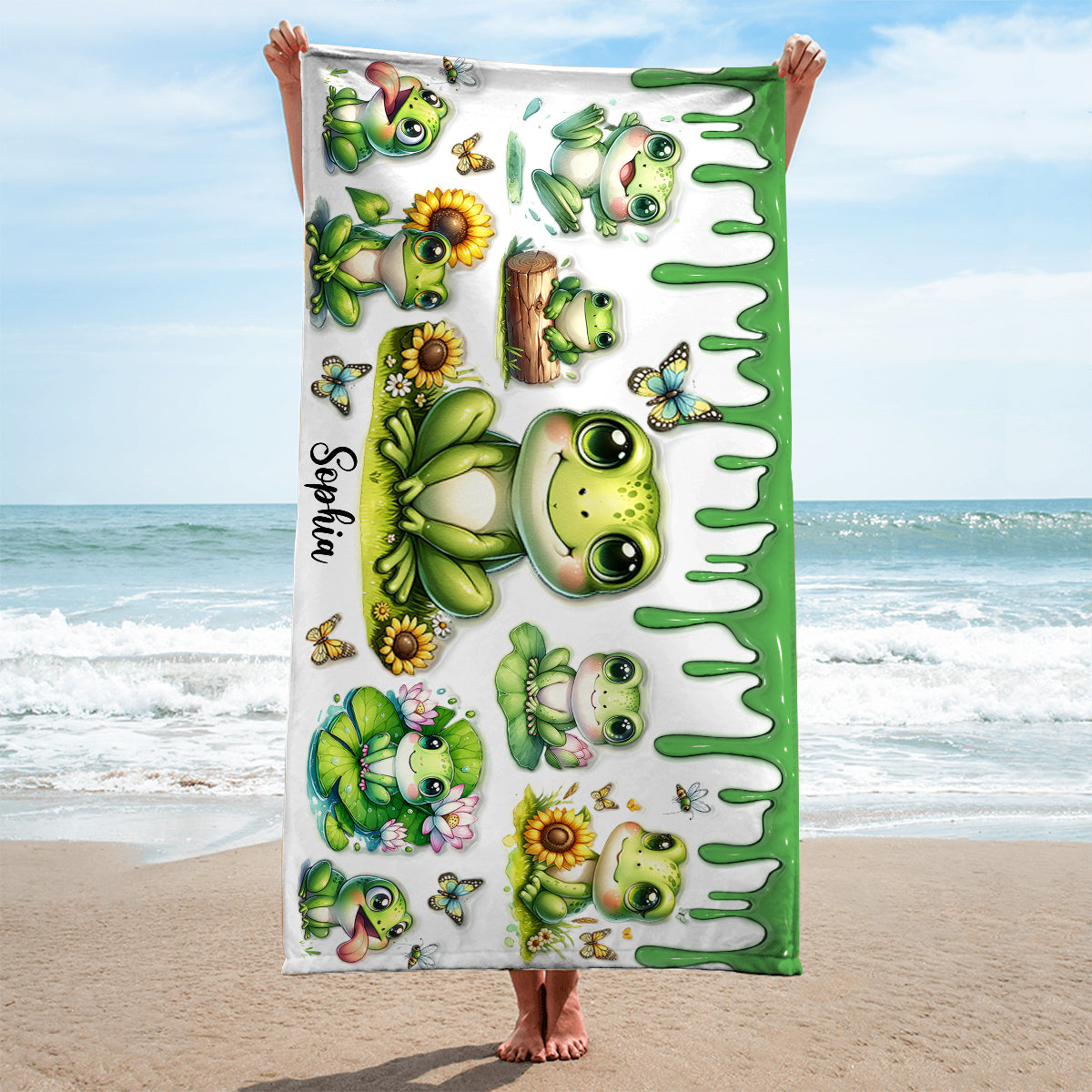Serviette de plage/de bain personnalisée à séchage rapide « Juste une fille qui aime les grenouilles »