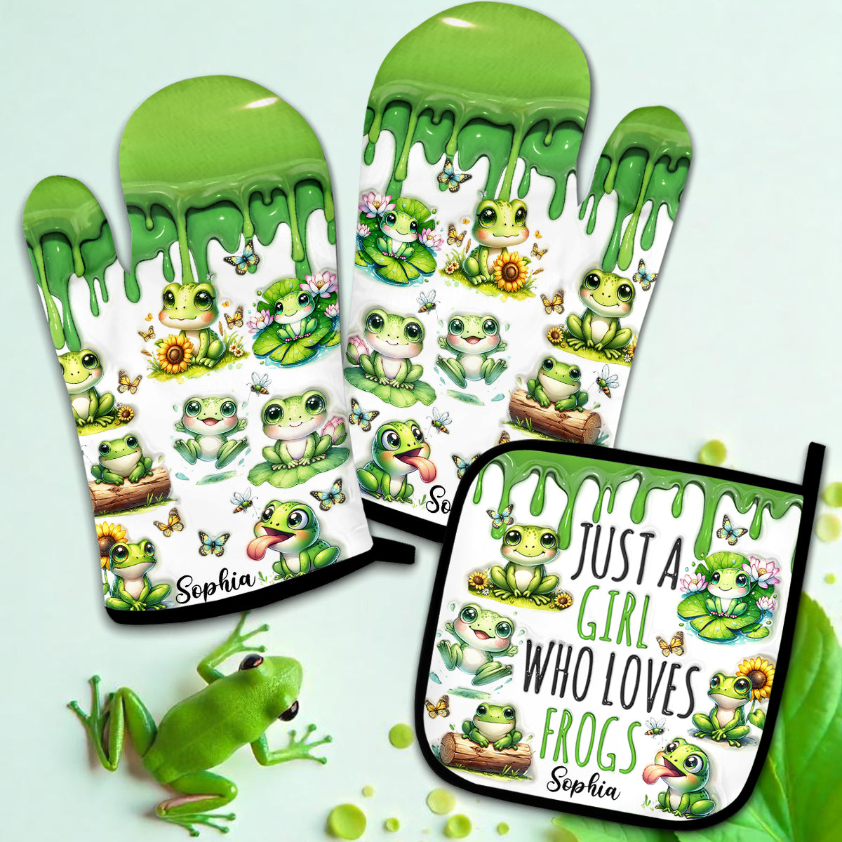 Just A Girl Who Loves Frogs - Personalized Frog Oven Mitts & Pot Holder Set