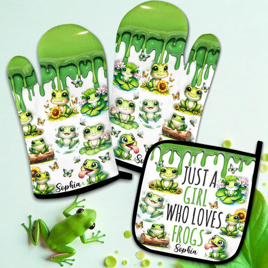 Une fille qui adore les grenouilles - Ensemble de maniques et de gants de cuisine personnalisés à motif grenouille