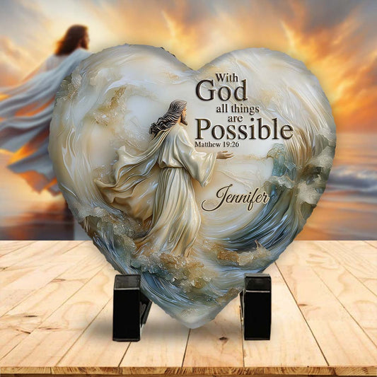 With God All Things Are Possible - Personalized Christian Heart Shaped Stone