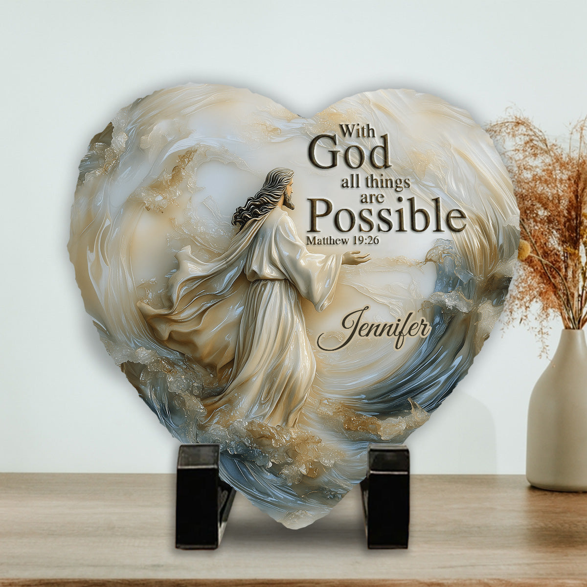 With God All Things Are Possible - Personalized Christian Heart Shaped Stone