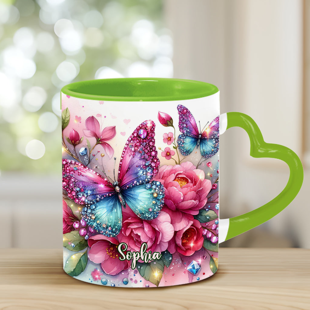 Mug personnalisé « Papillon Étincelant » avec anse en forme de cœur et papillon