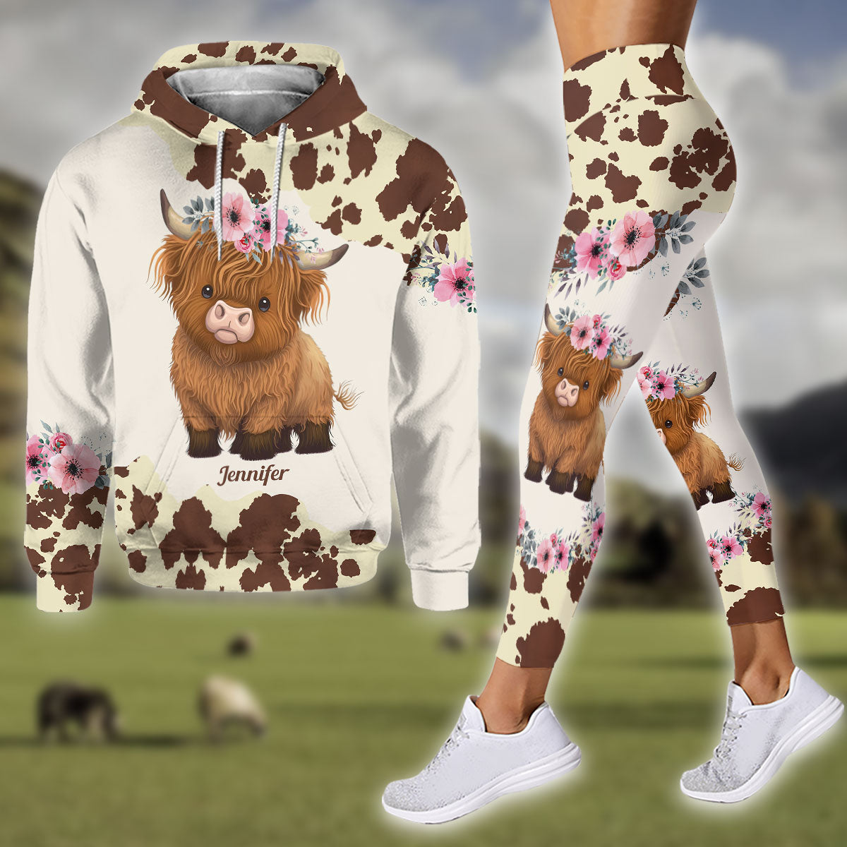 Juste une fille qui aime les vaches des Highlands - Sweat à capuche et legging personnalisés avec motif vache des Highlands