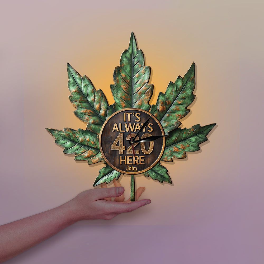 Ici, il est toujours 16h20 - Horloge murale lumineuse LED personnalisée sur le thème du cannabis