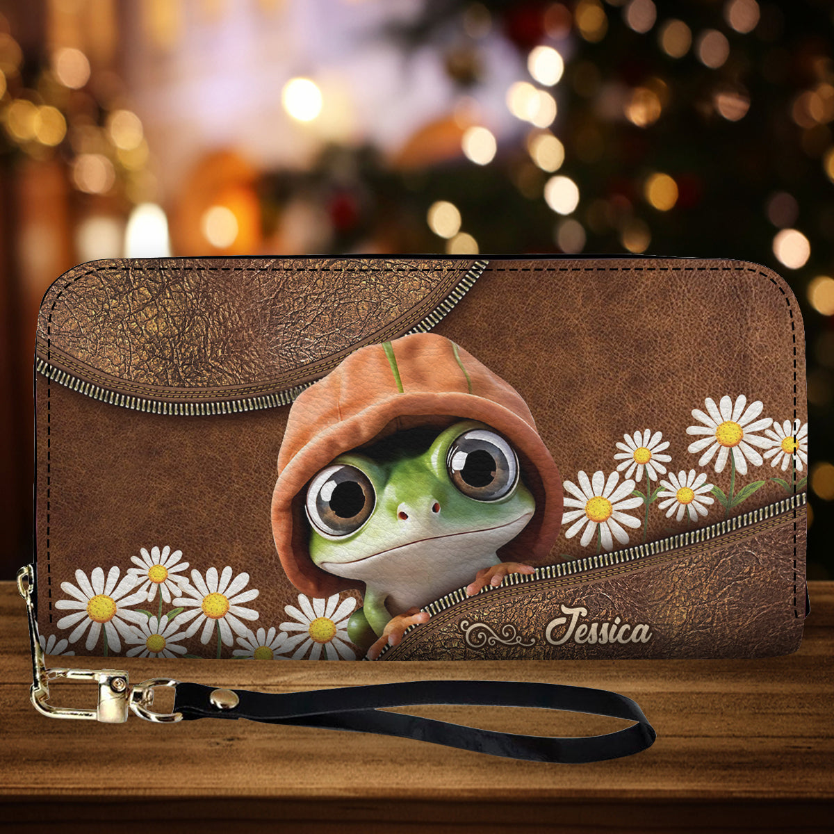 Adorable Grenouille - Portefeuille long en cuir personnalisé avec une grenouille