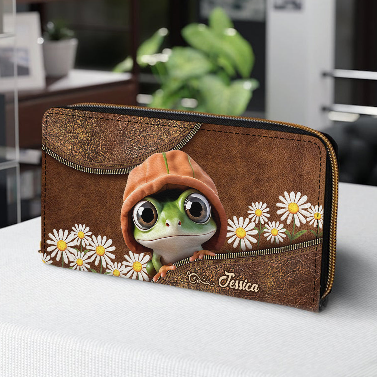 Adorable Grenouille - Portefeuille long en cuir personnalisé avec une grenouille