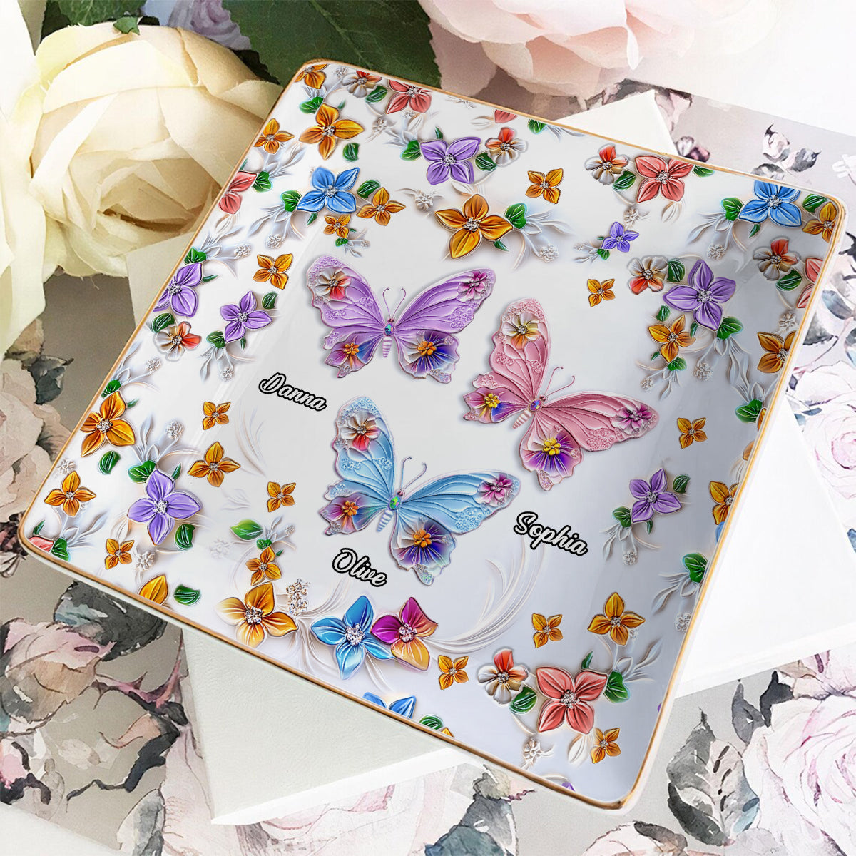 Porte-bijoux personnalisé Bestie avec papillons et fleurs - Porte-bijoux imprimé intégralement - Motif fleurs et papillons - Bestie