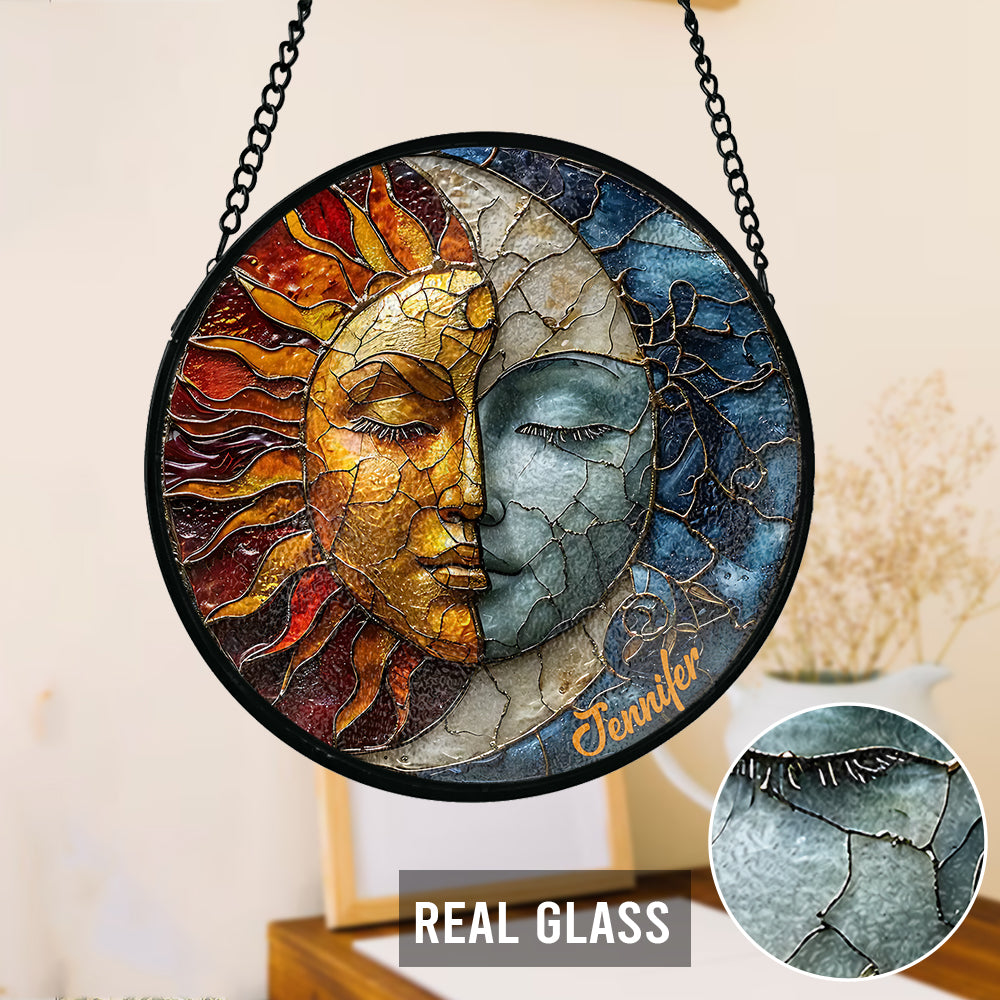 Live By The Sun Love By The Moon - Personalized Hippie Stained Glass Suncatcher