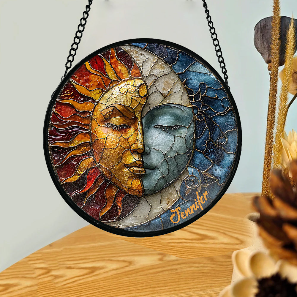 Live By The Sun Love By The Moon - Personalized Hippie Stained Glass Suncatcher