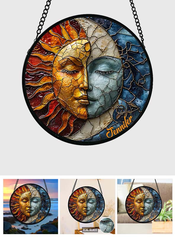 Live By The Sun Love By The Moon - Personalized Hippie Stained Glass Suncatcher