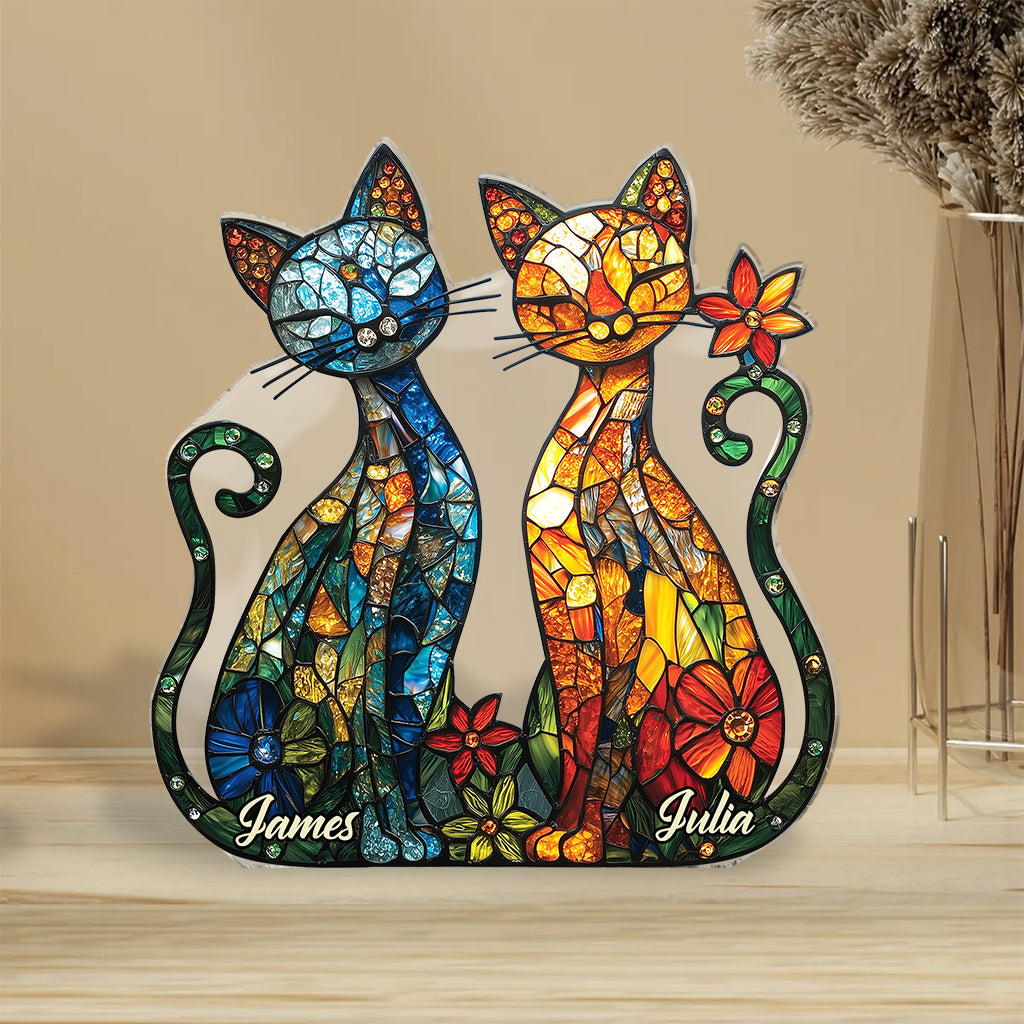Magnifique couple de chats - Plaque acrylique personnalisée en forme de chat