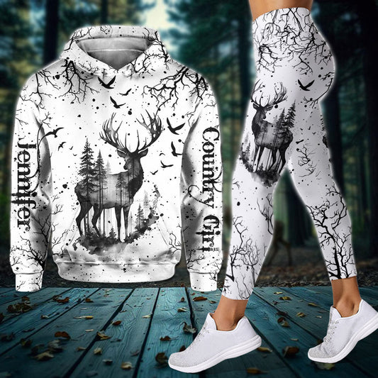 Ensemble sweat à capuche et legging de chasse personnalisés noir et blanc style campagnard -