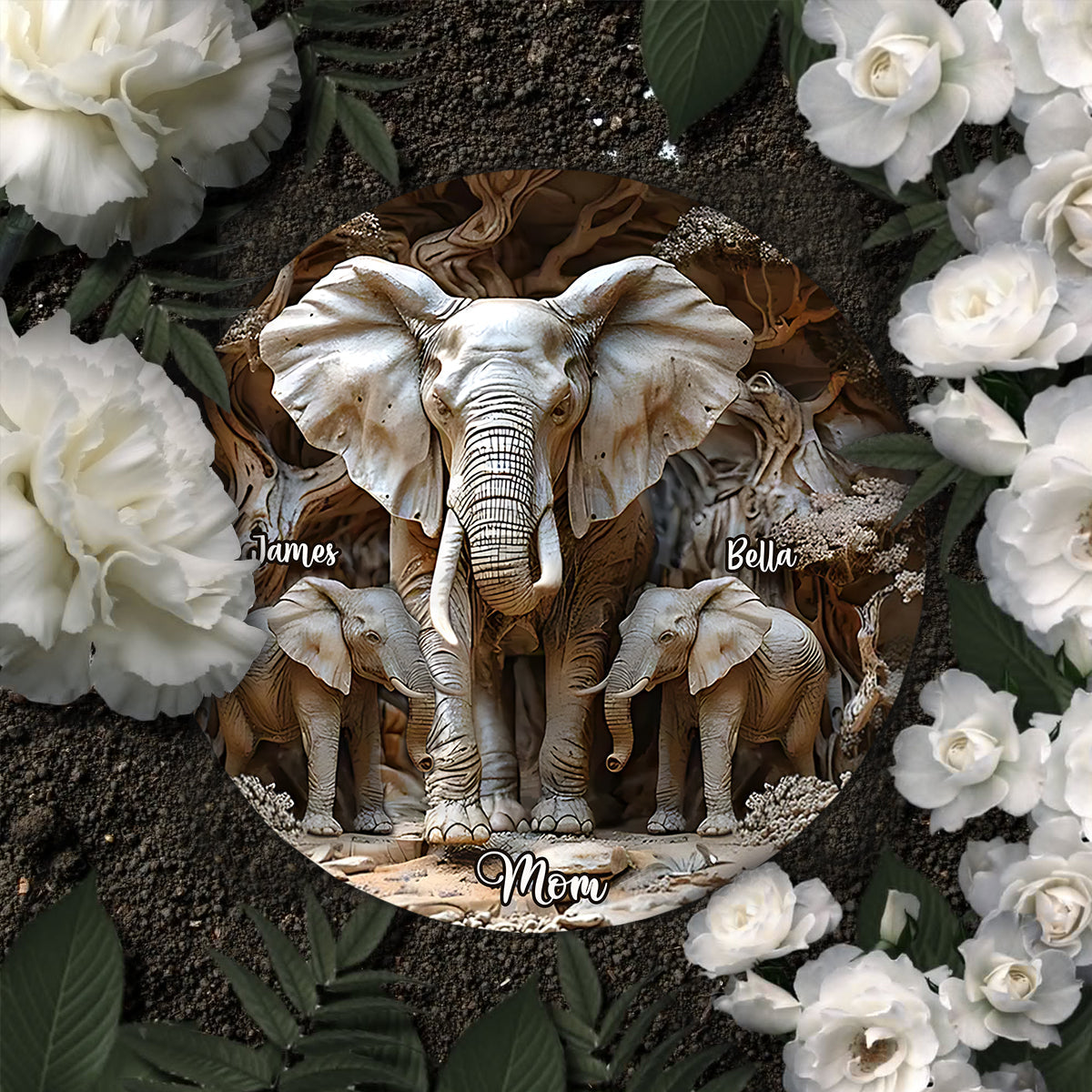 Mom & Kids Gift For Mom, Grandma,... - Personalized Elephant Round Shaped Stone