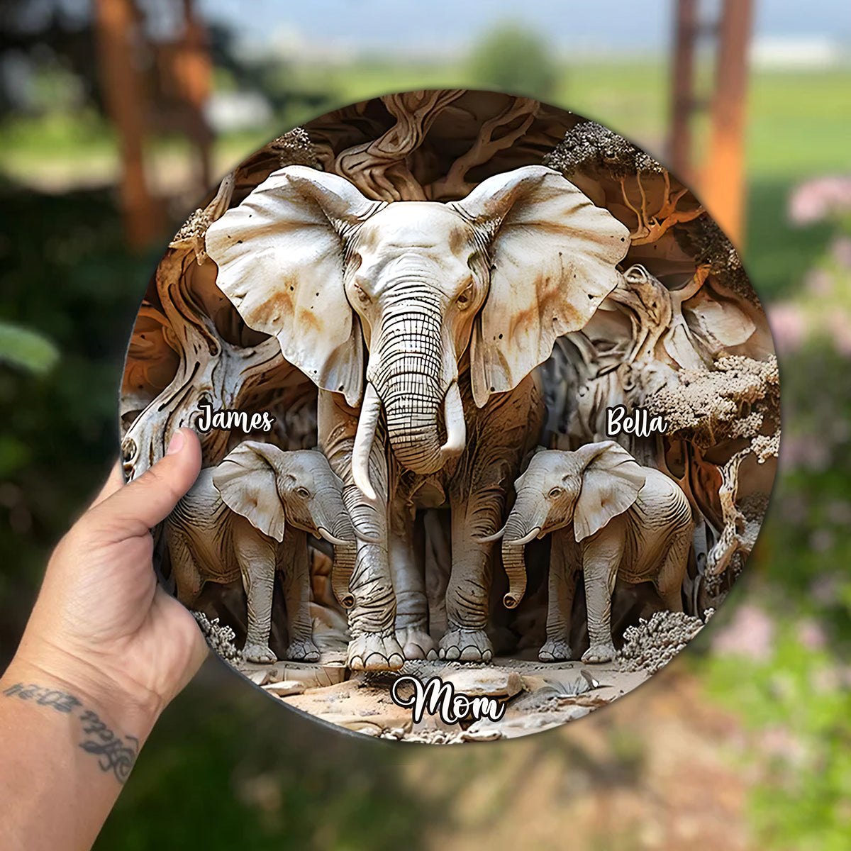 Mom & Kids Gift For Mom, Grandma,... - Personalized Elephant Round Shaped Stone