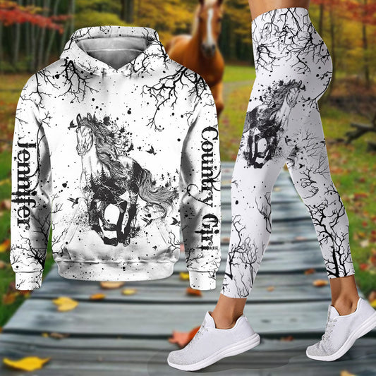 Magnifique cheval noir et blanc - Sweat à capuche et leggings personnalisés avec motif cheval