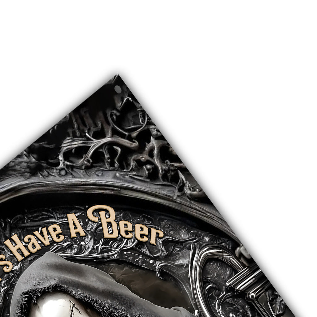 Prenons une bière ! – Panneau métallique personnalisé découpé à la forme de bière