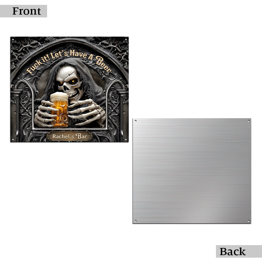 Prenons une bière ! – Panneau métallique personnalisé découpé à la forme de bière