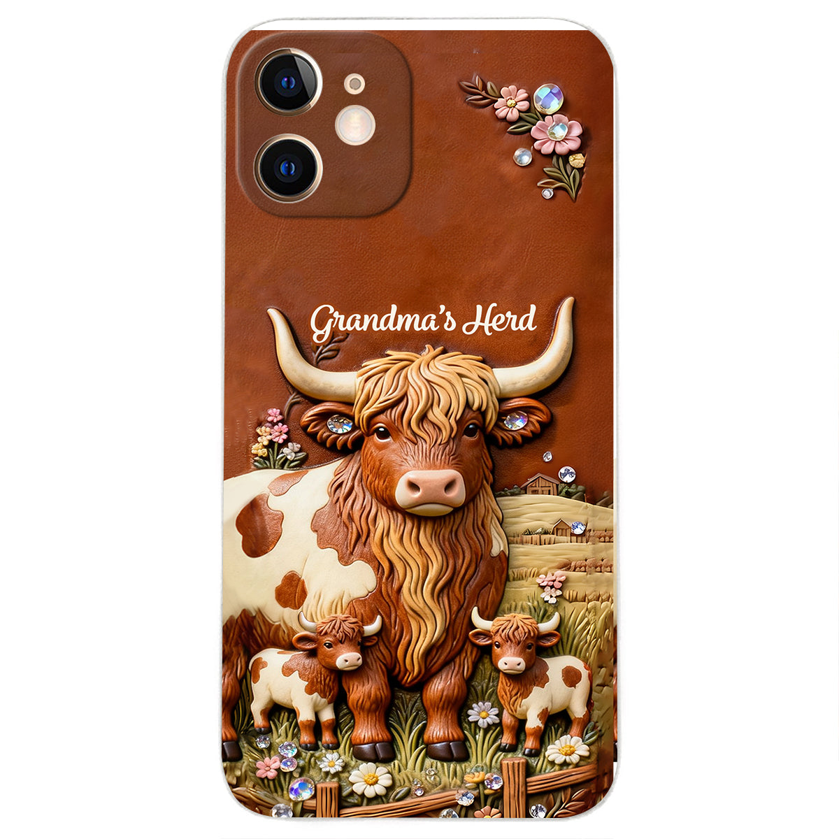 Grandma's Herd - Personalized Highland Cow 3D Embossed Leather Phone Case