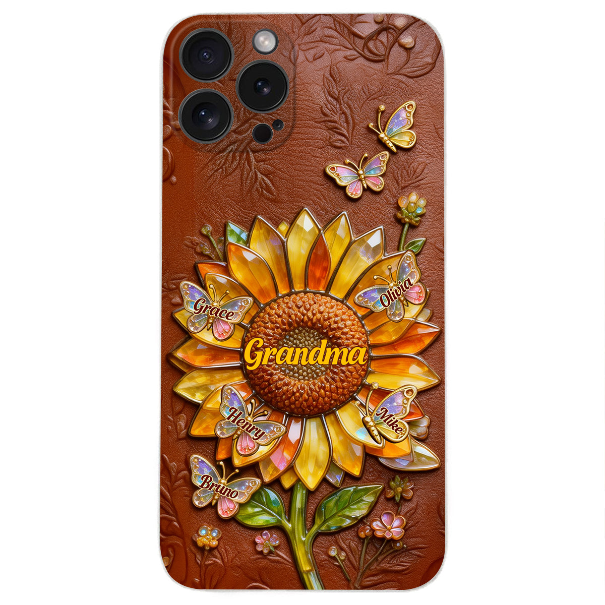 Grandma Sunflower - Personalized Grandma 3D Embossed Leather Phone Case