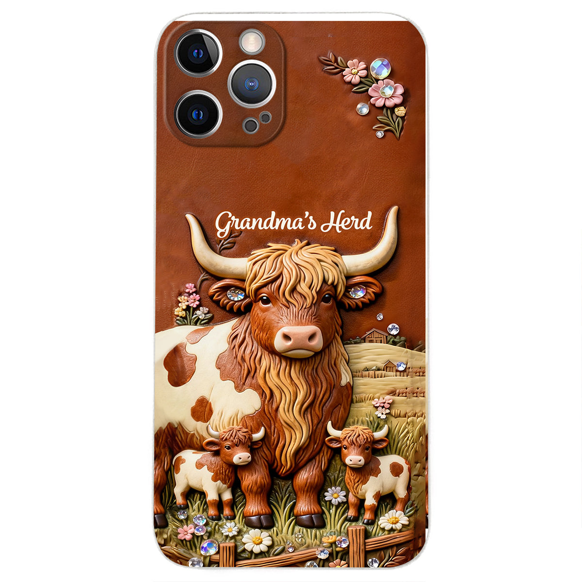 Grandma's Herd - Personalized Highland Cow 3D Embossed Leather Phone Case
