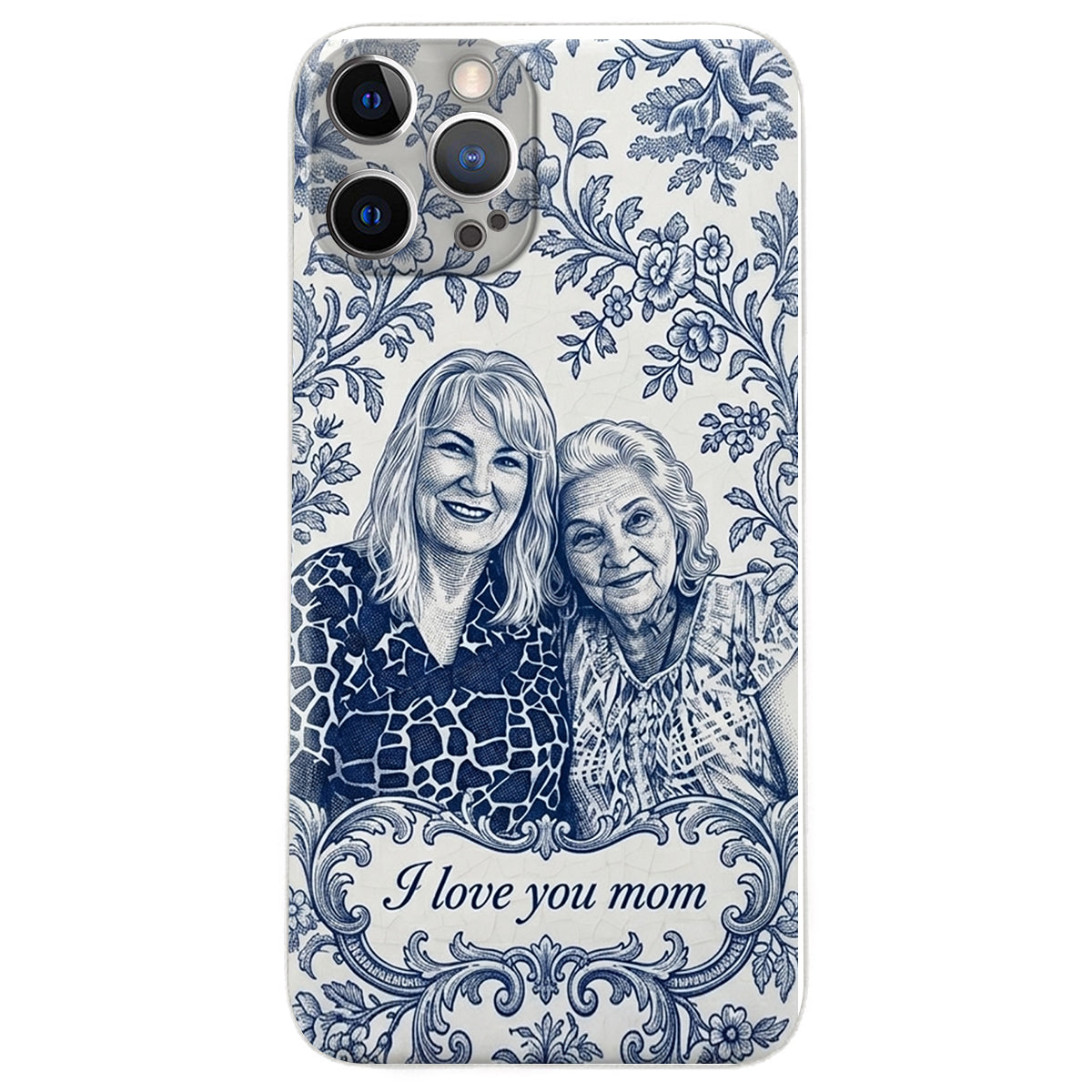 Idée Cadeau Maman, Motif Toile De Jouy Bleue - Coque de Téléphone en Cuir Personnalisée 3D