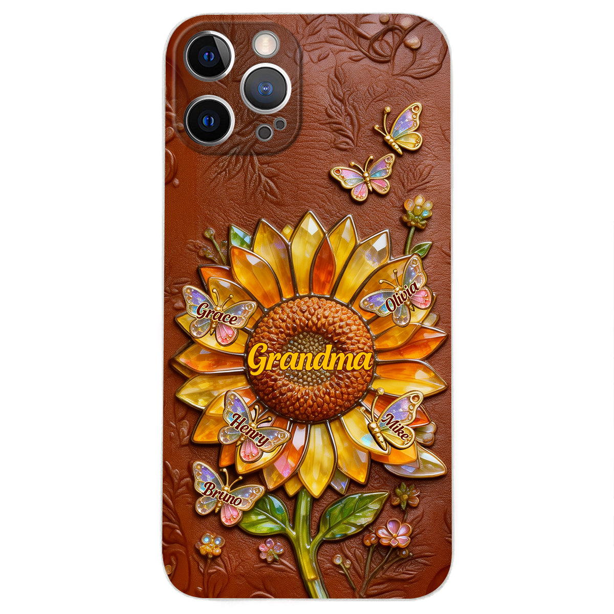 Grandma Sunflower - Personalized Grandma 3D Embossed Leather Phone Case