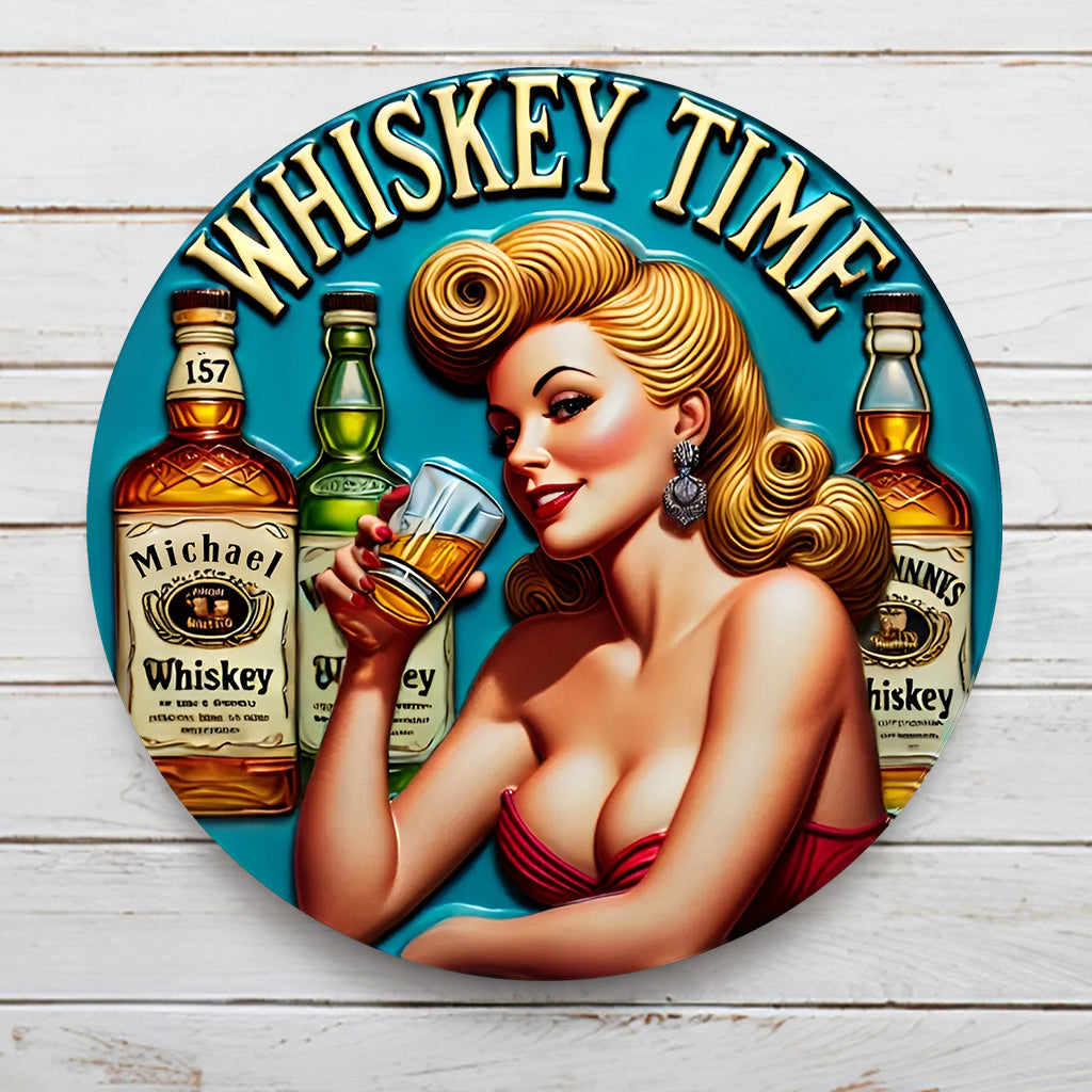 Whiskey Time - Panneau métallique rond personnalisé pour whisky