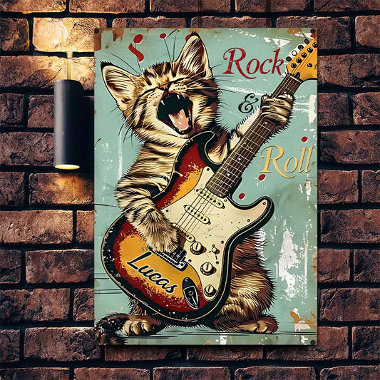 Rock & Roll - Panneau métallique rectangulaire personnalisé en forme de guitare