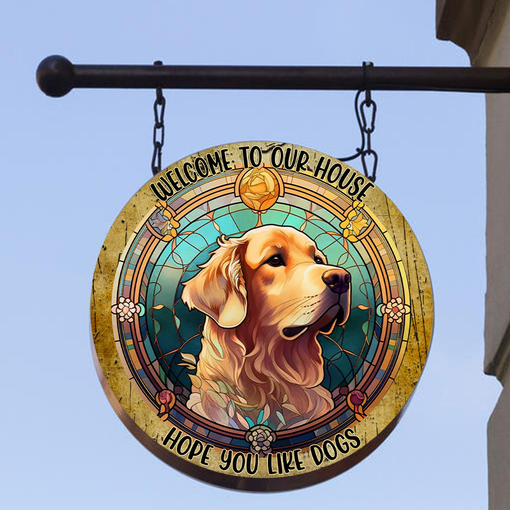 Bienvenue chez nous ! Nous espérons que vous aimez les chiens et les chats. - Panneau rond en métal personnalisé avec chien et chat