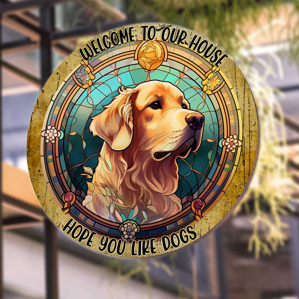 Bienvenue chez nous ! Nous espérons que vous aimez les chiens et les chats. - Panneau rond en métal personnalisé avec chien et chat
