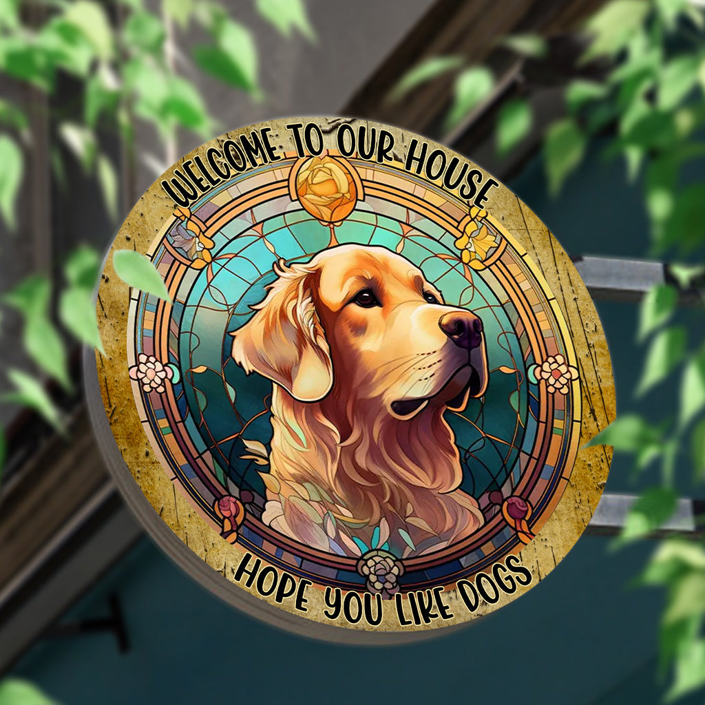 Bienvenue chez nous ! Nous espérons que vous aimez les chiens et les chats. - Panneau rond en métal personnalisé avec chien et chat