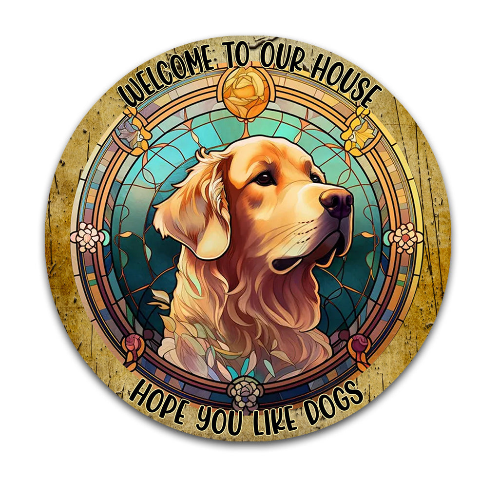 Bienvenue chez nous ! Nous espérons que vous aimez les chiens et les chats. - Panneau rond en métal personnalisé avec chien et chat