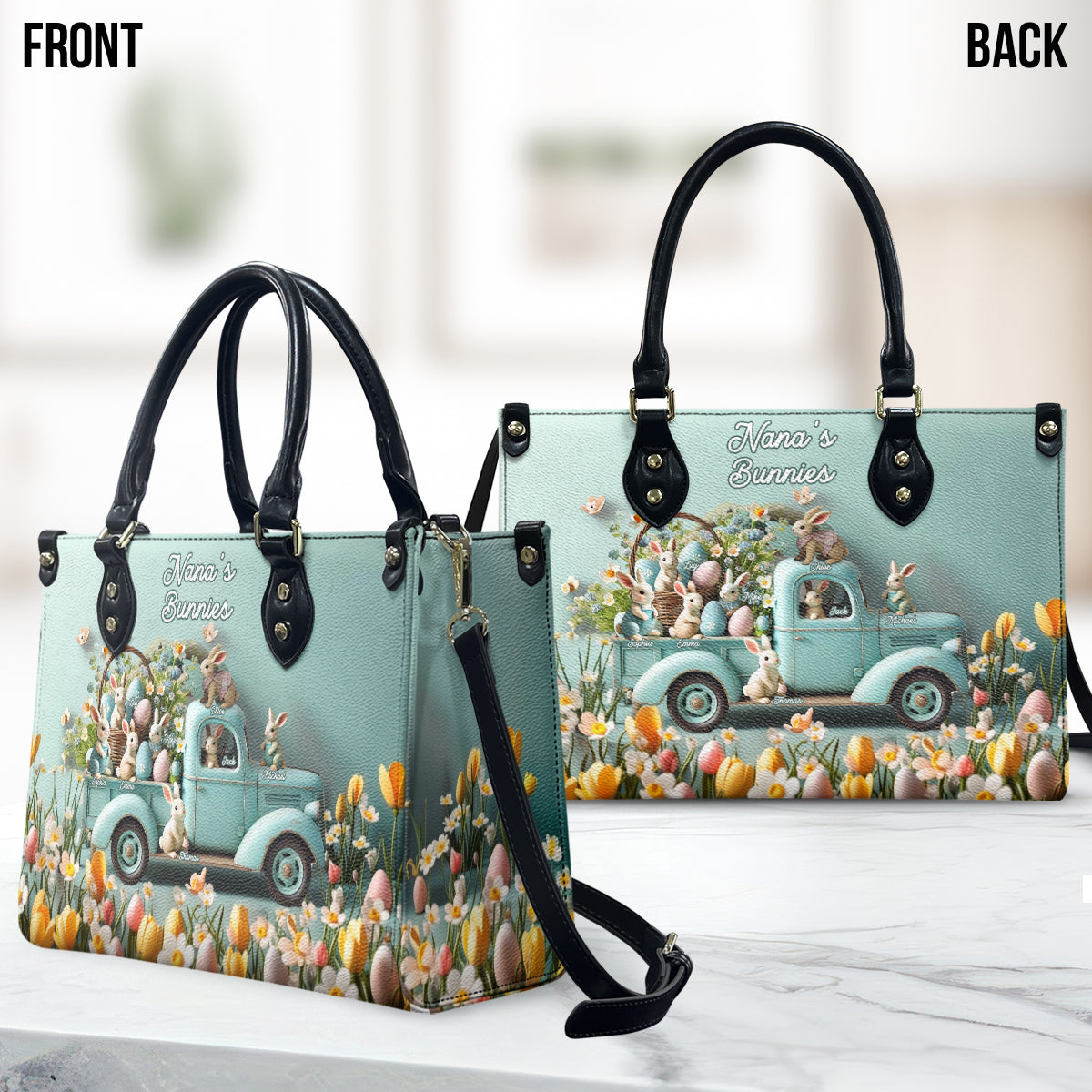 Sac à main en cuir personnalisé « Lapins de maman/mamie »