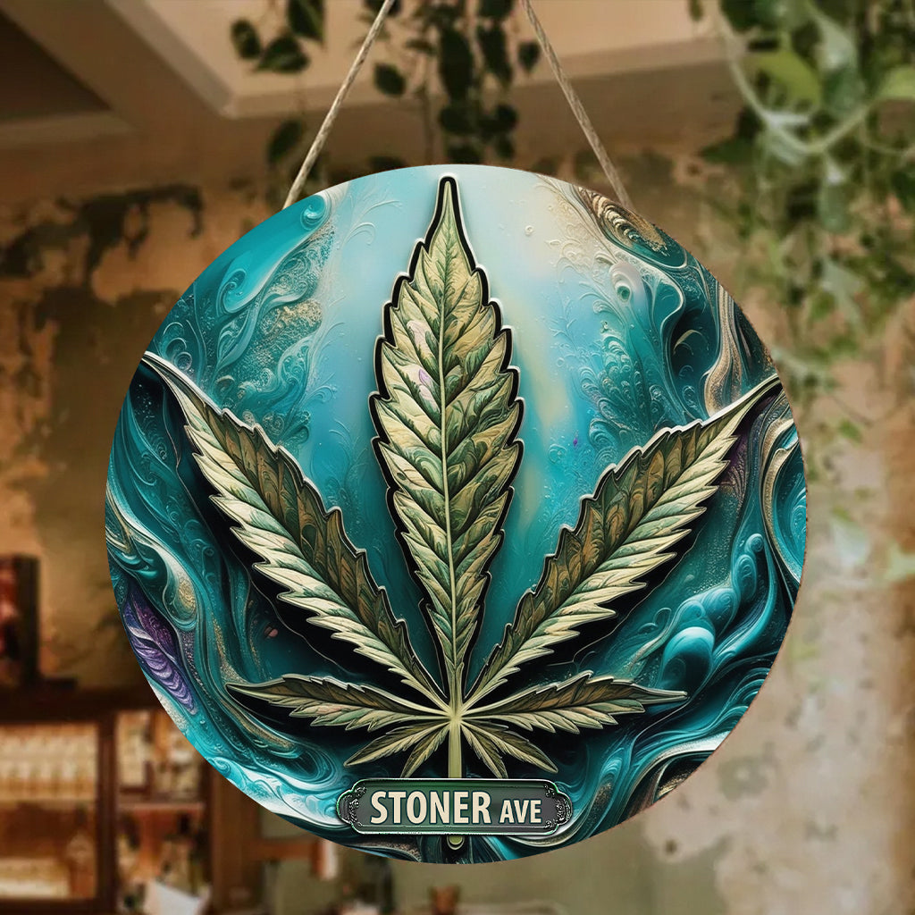 Stoner Avenue - Panneau métallique rond personnalisé sur le thème du cannabis
