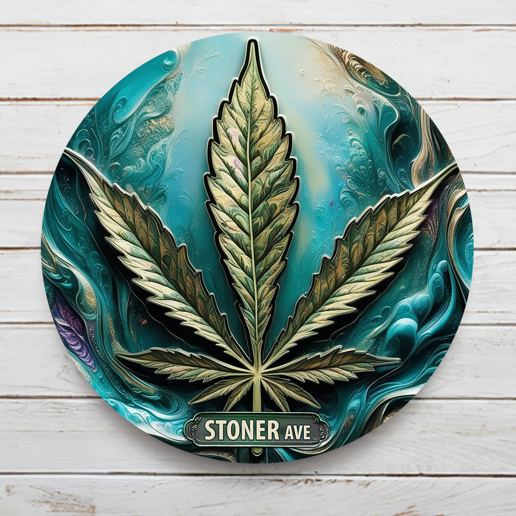 Stoner Avenue - Panneau métallique rond personnalisé sur le thème du cannabis