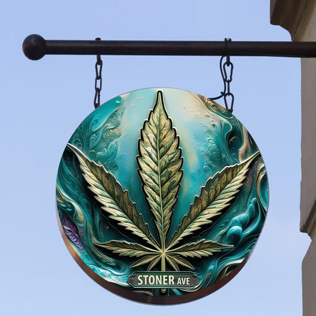 Stoner Avenue - Panneau métallique rond personnalisé sur le thème du cannabis