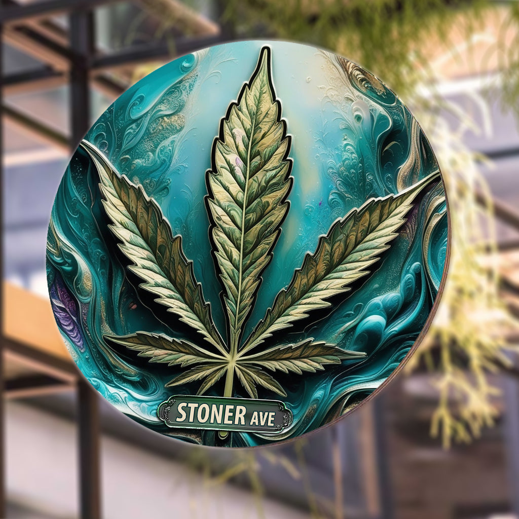 Stoner Avenue - Panneau métallique rond personnalisé sur le thème du cannabis