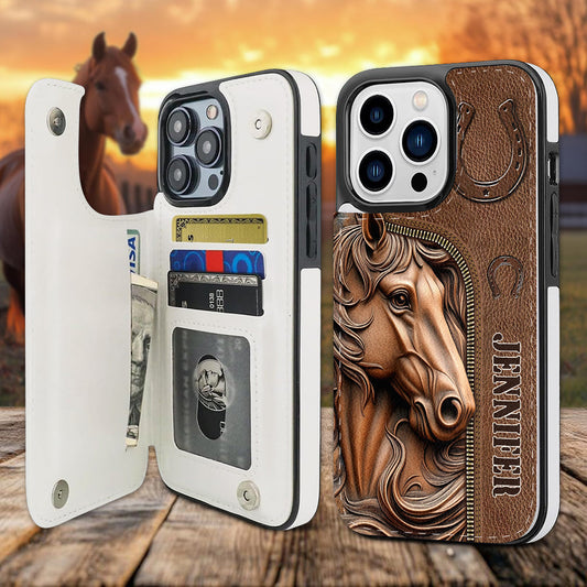 Facilement distrait par les chevaux - Étui portefeuille pliable personnalisé pour téléphone portable avec motif cheval