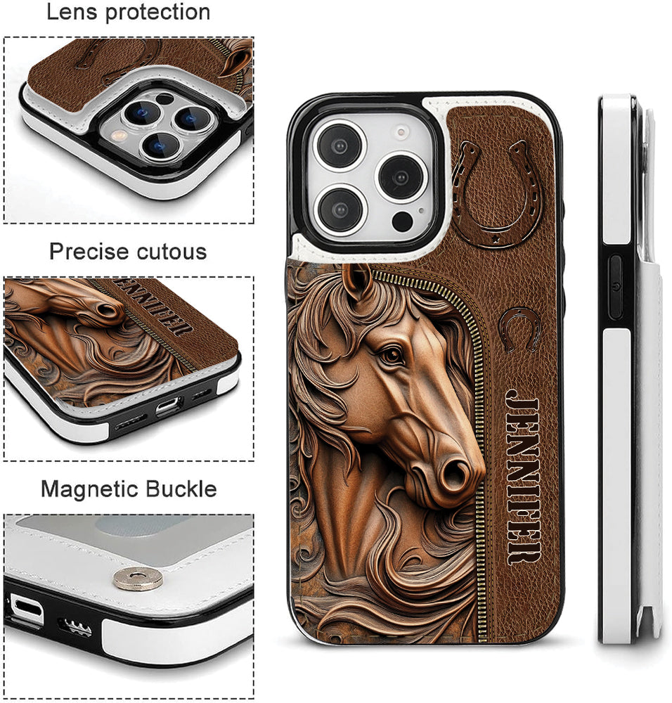 Facilement distrait par les chevaux - Étui portefeuille pliable personnalisé pour téléphone portable avec motif cheval
