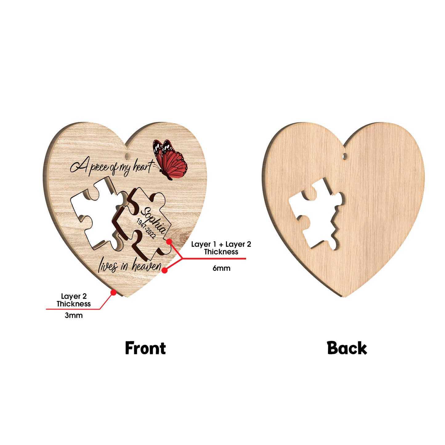 Un morceau de mon cœur vit au ciel - Ornement commémoratif personnalisé à deux niveaux