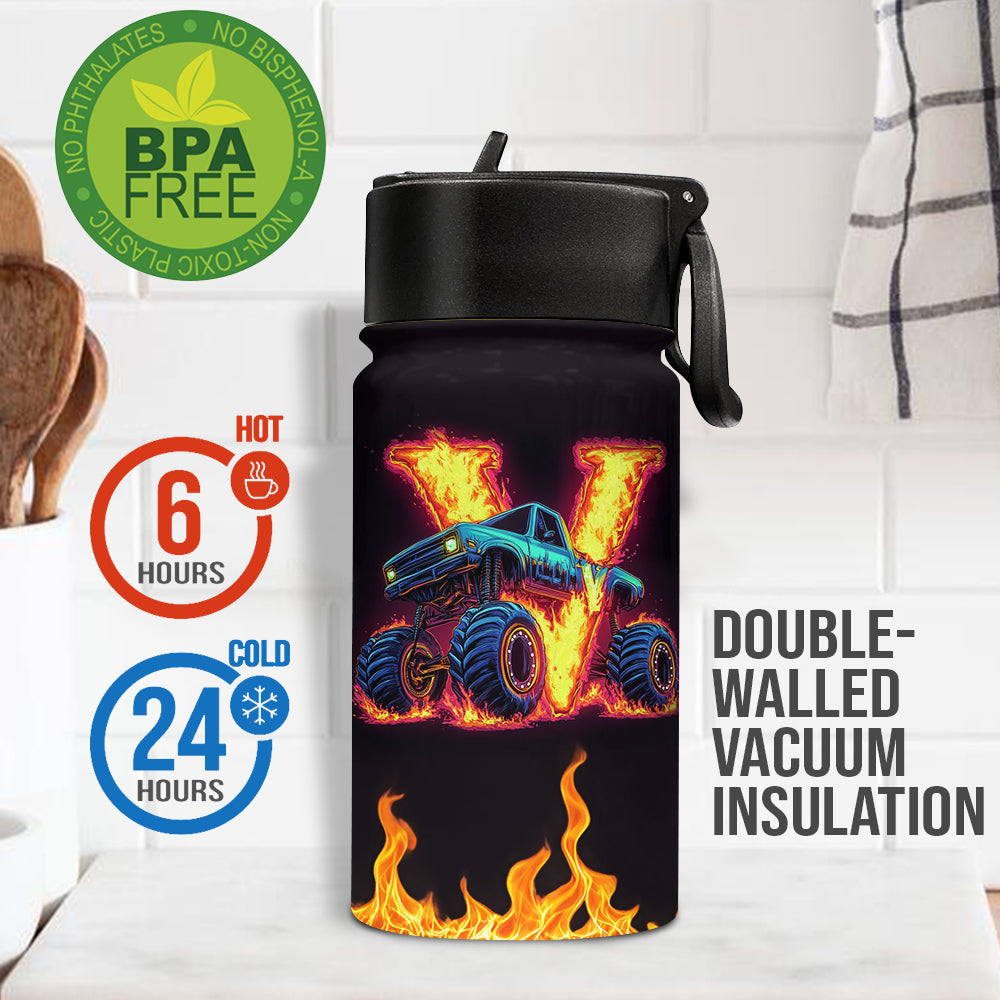 Boy's Cool Monster Truck Print Water Bottle - Personalized Kid Kids Water Bottle
