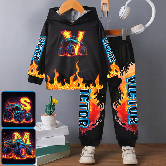 Boy's Cool Monster Truck Print Hooded Outfit - Personalized Kid Kid Hoodie & Kid Jogger Sweatpants