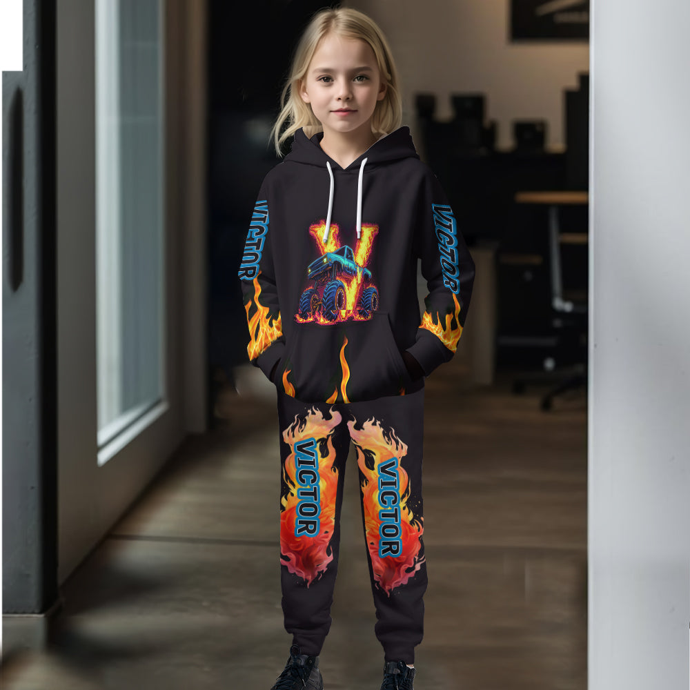Ensemble garçon : sweat à capuche imprimé monster truck - Sweat à capuche et pantalon de jogging personnalisés pour enfant