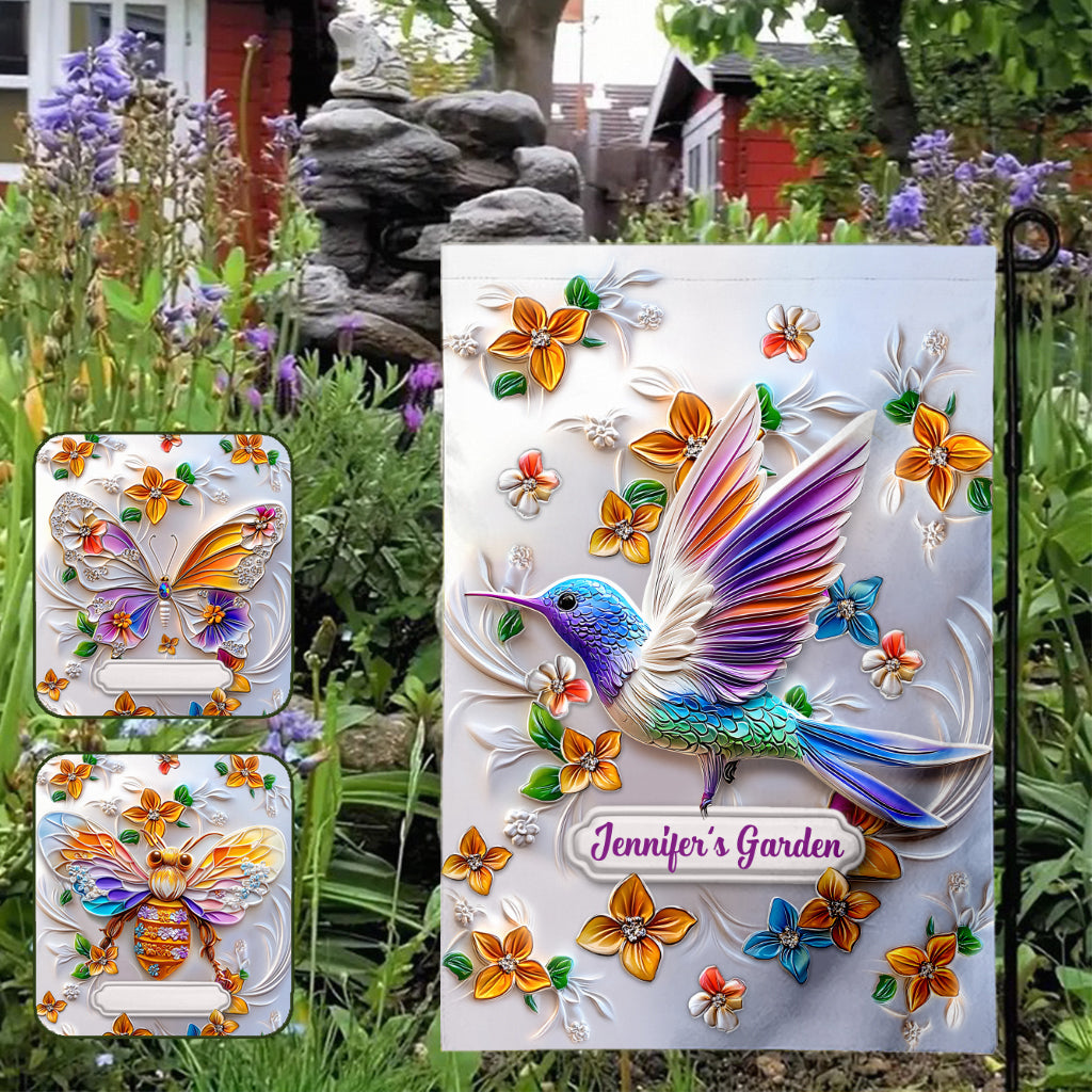 Magnifique drapeau de jardin personnalisé avec papillon, libellule, abeille et colibri