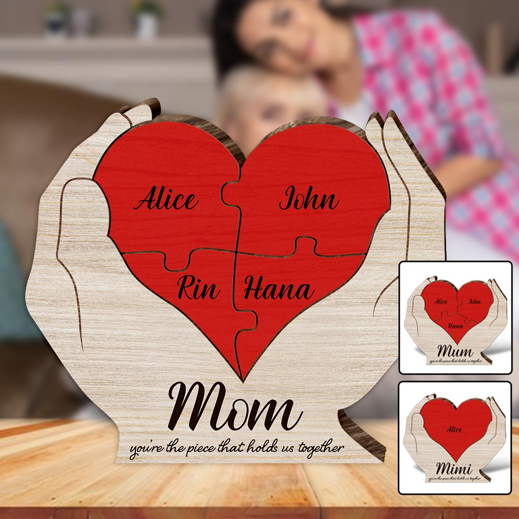 Maman, tu es le pilier de notre couple - Puzzle en bois personnalisé en forme de maman - Mains fleuries tenant un cœur