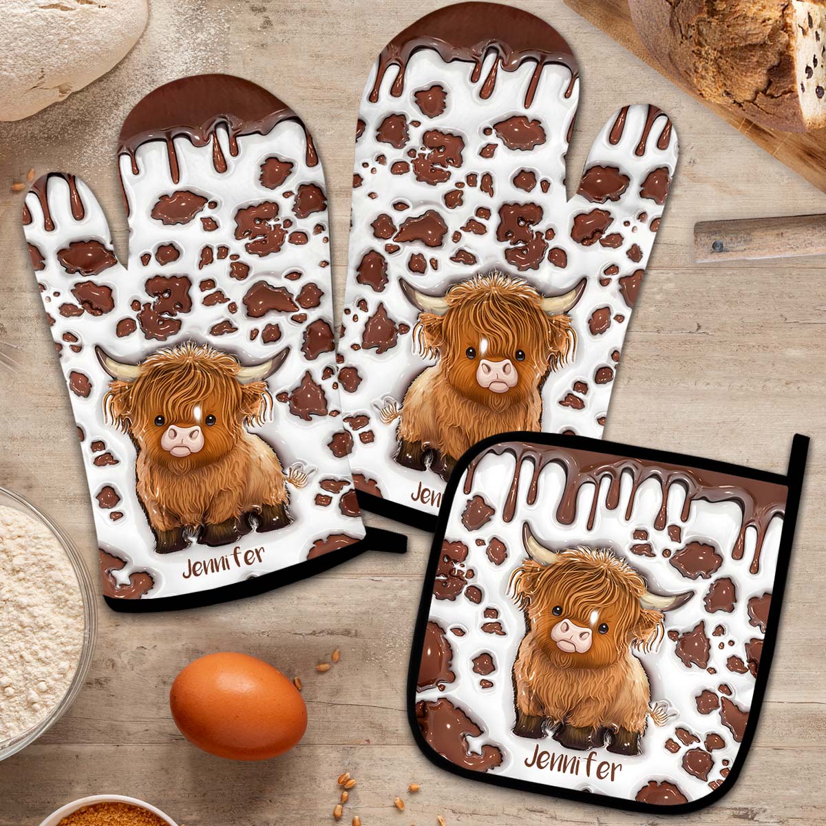 Une fille qui aime les vaches des Highlands - Ensemble de gants de cuisine et maniques personnalisés