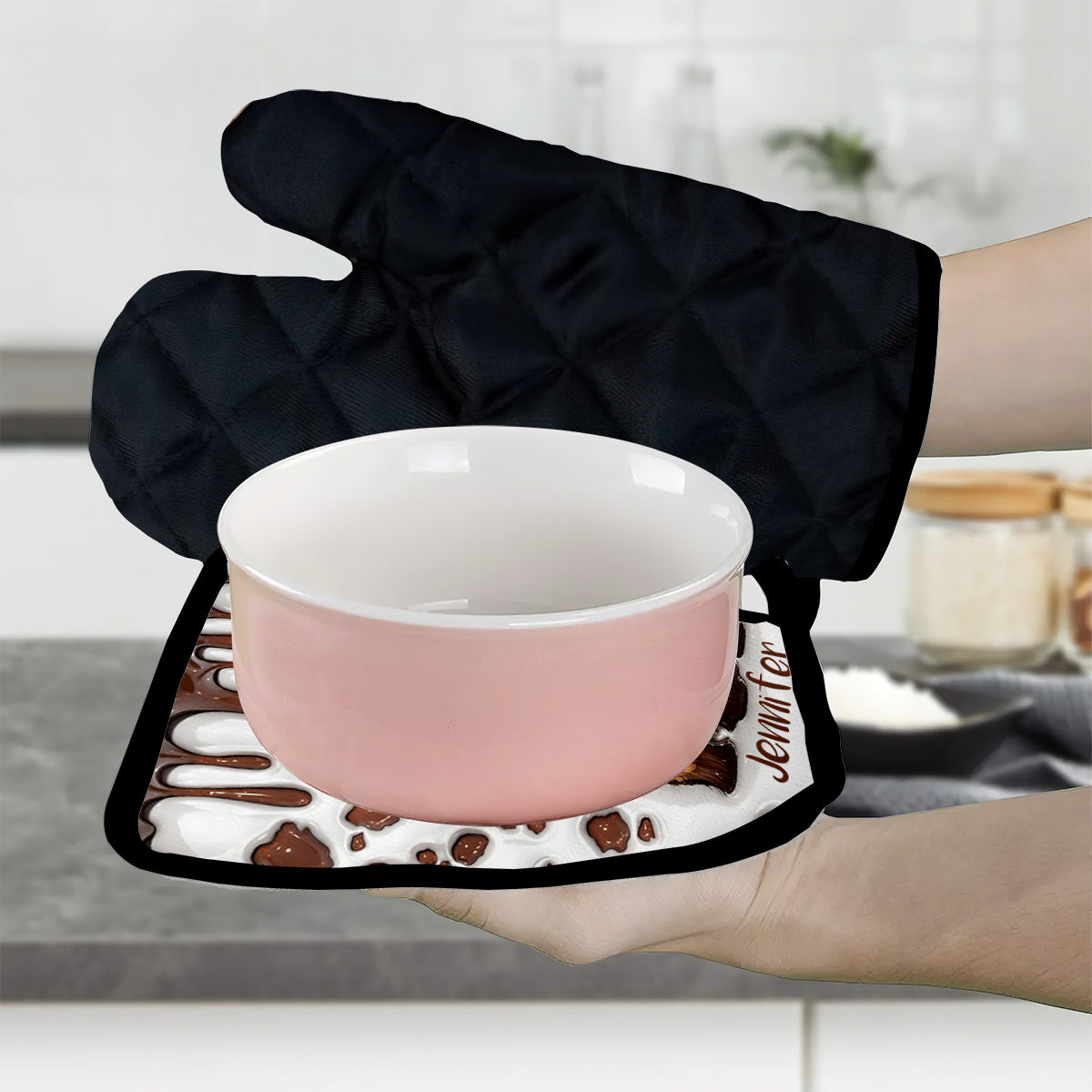 Une fille qui aime les vaches des Highlands - Ensemble de gants de cuisine et maniques personnalisés