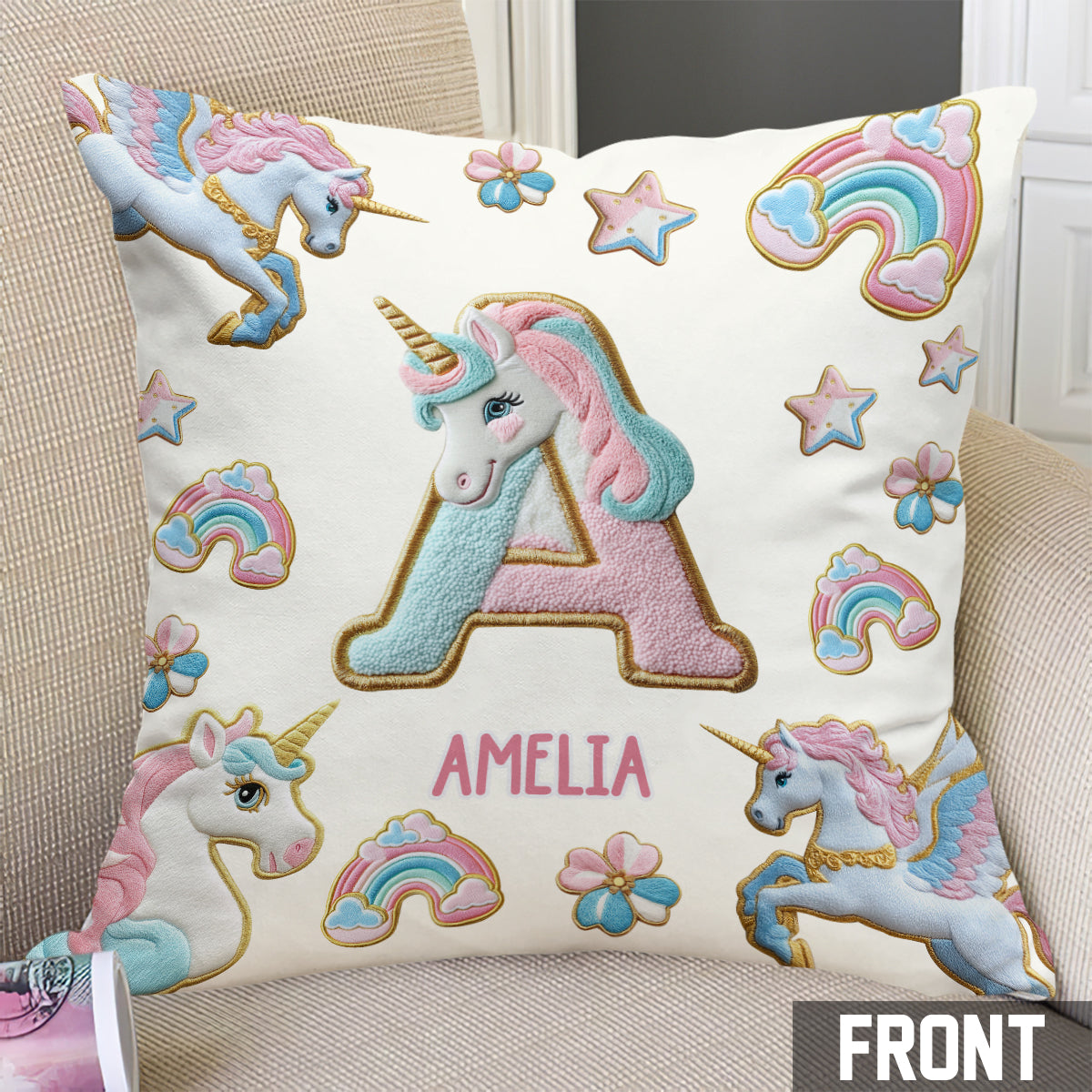 Coussin décoratif personnalisé pour enfant - Magnifique alphabet licorne