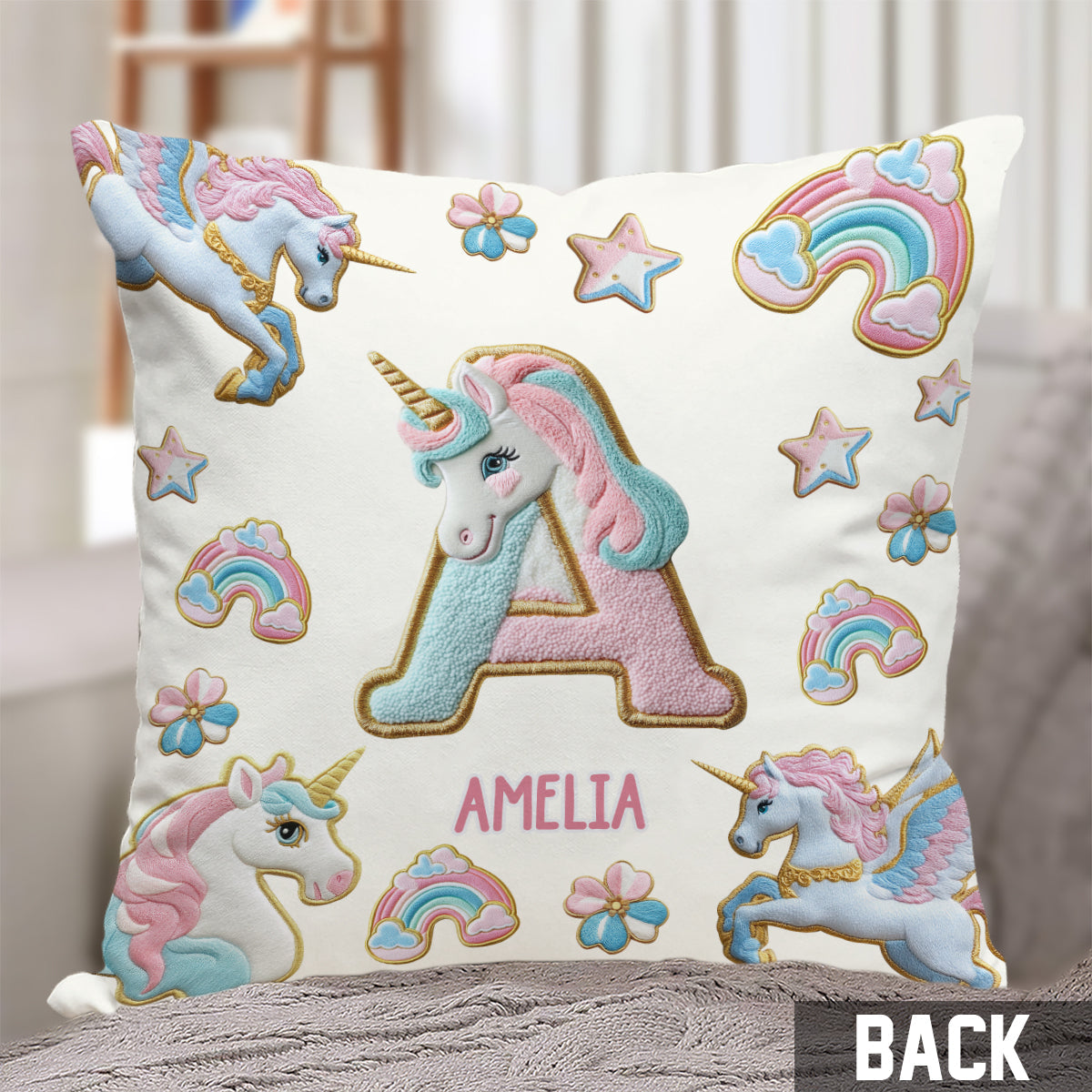 Coussin décoratif personnalisé pour enfant - Magnifique alphabet licorne